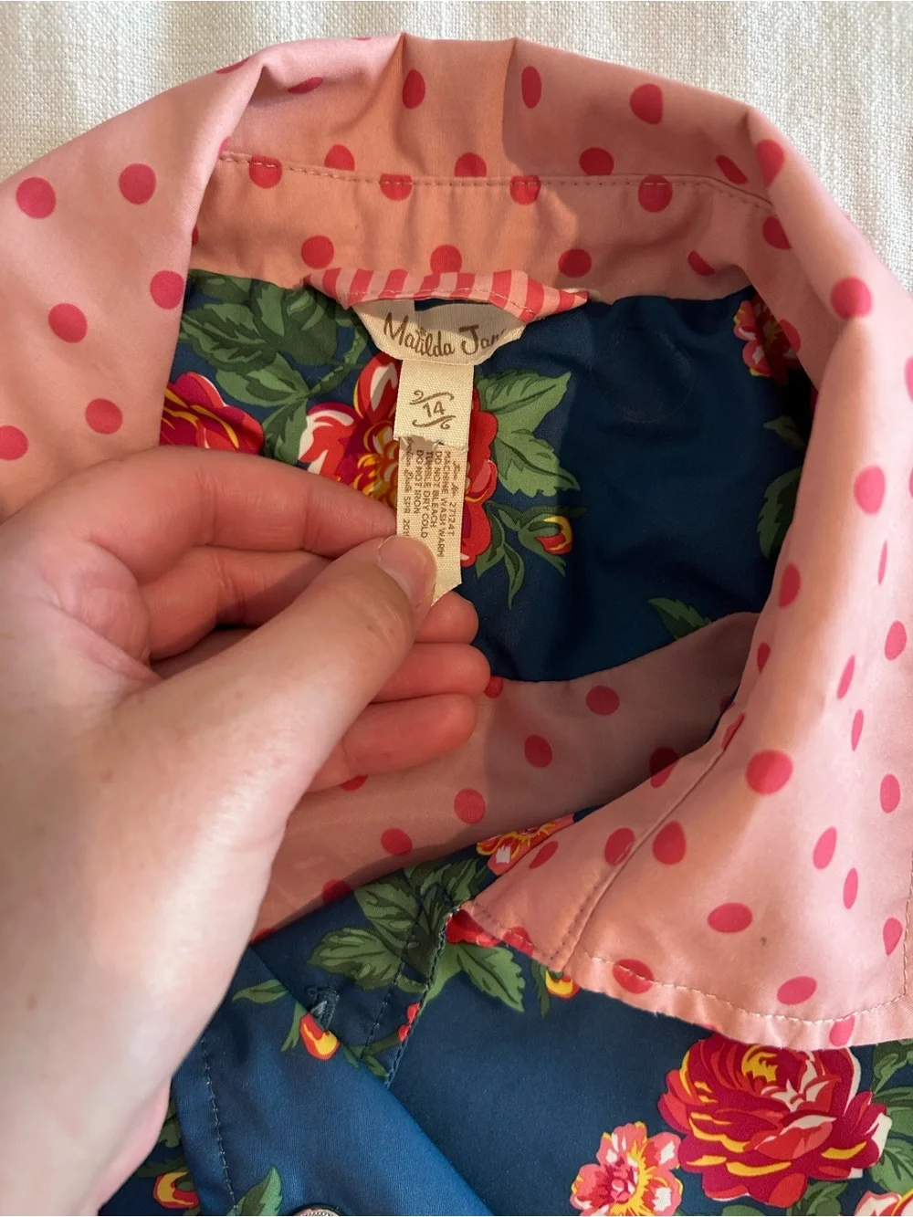 Matilda Jane Pink Polka Dot Collar with Navy Floral Lining
